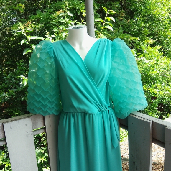 Vintage 60s 1970s Cottage Retro Glam Puff Sleeve Maxi Dress - Picture 5 of 14